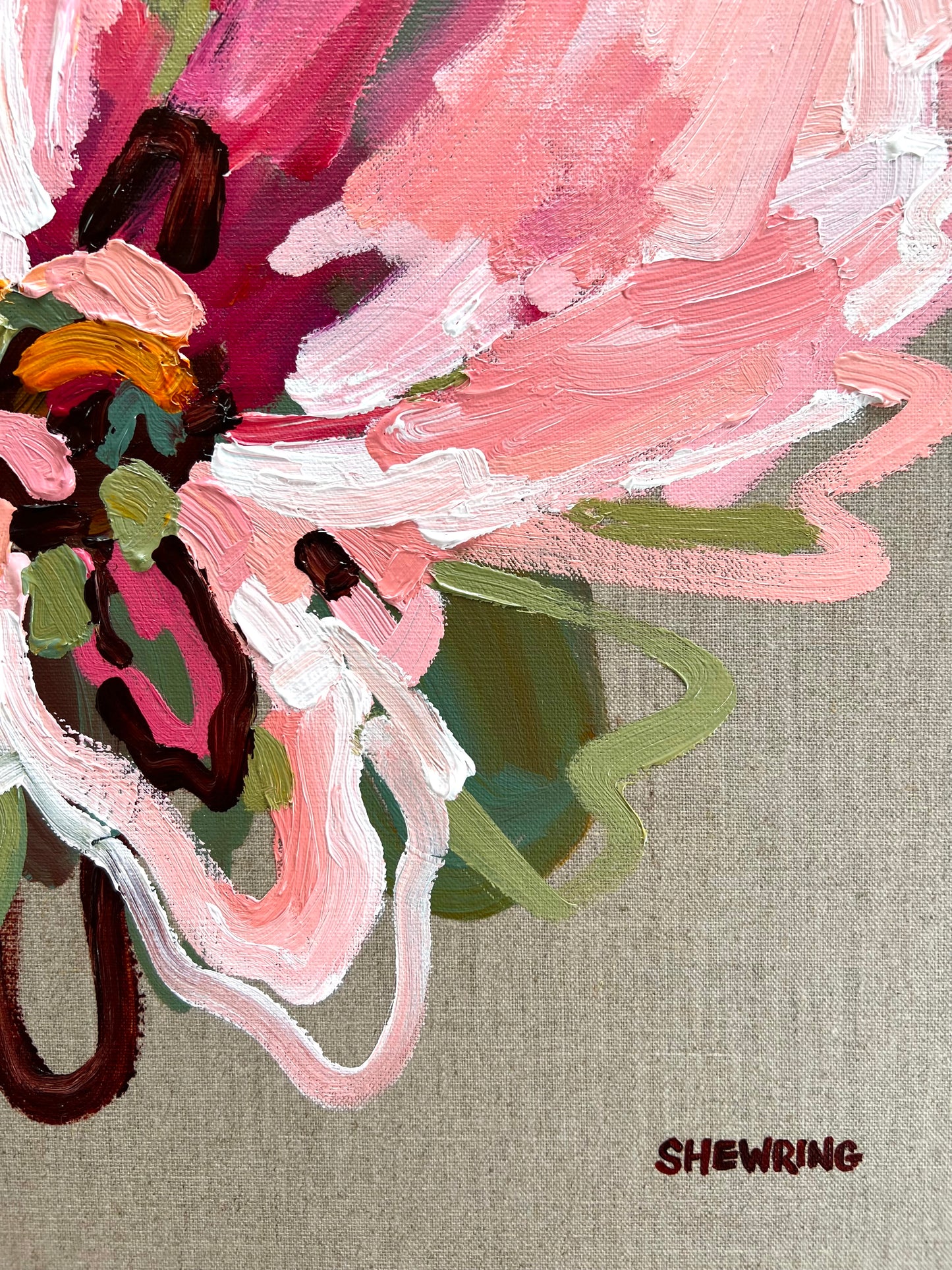 Pink On Linen 53x53cm FRAMED