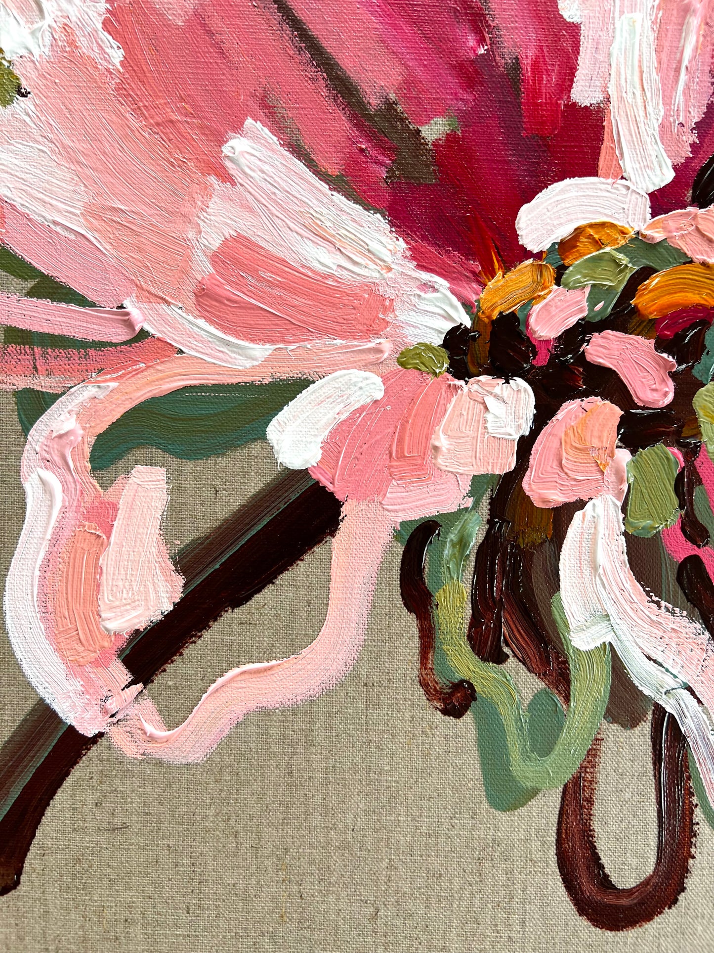 Pink On Linen 53x53cm FRAMED
