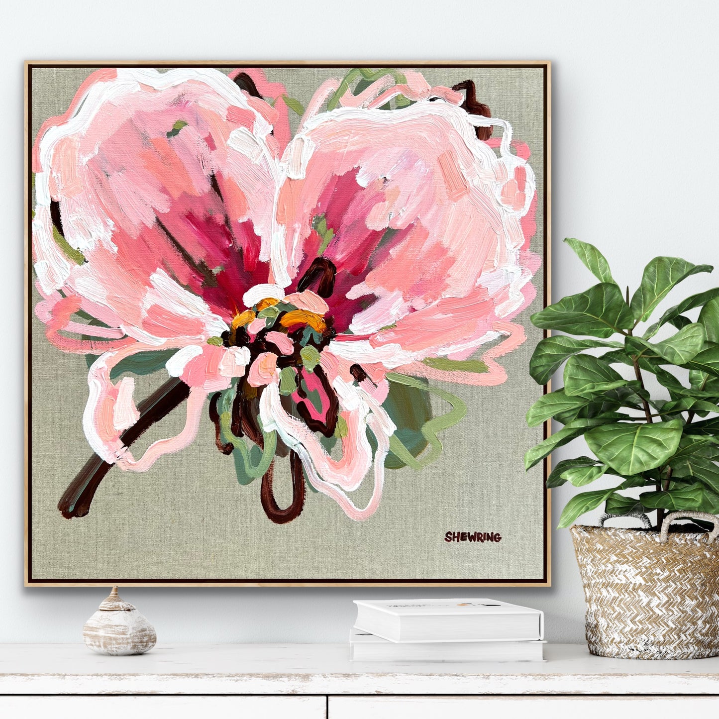 Pink On Linen 53x53cm FRAMED