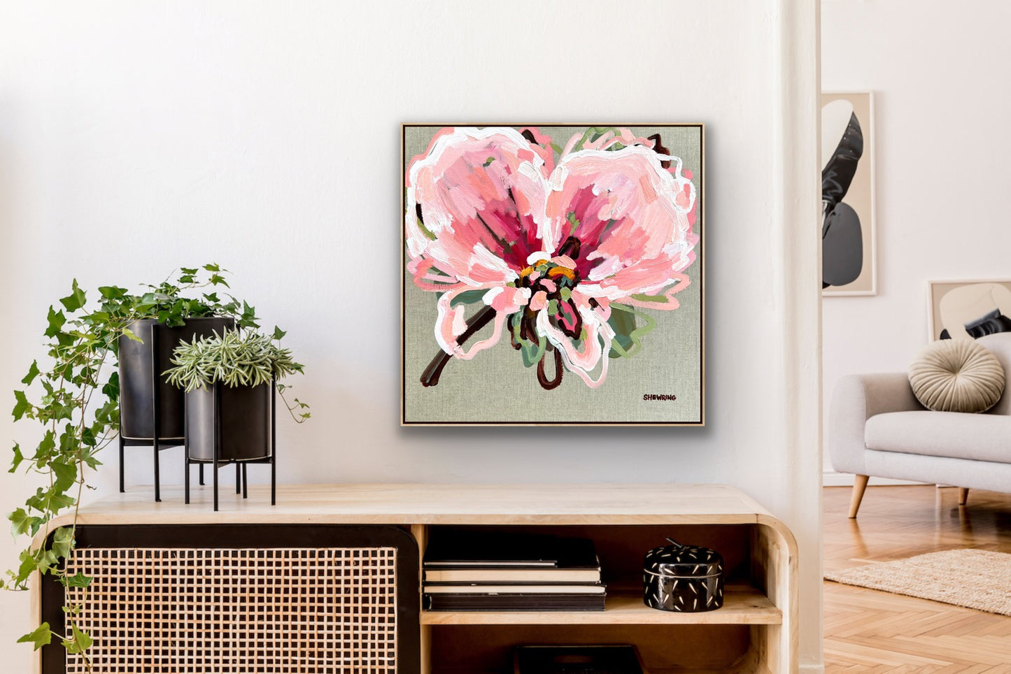 Pink On Linen 53x53cm FRAMED