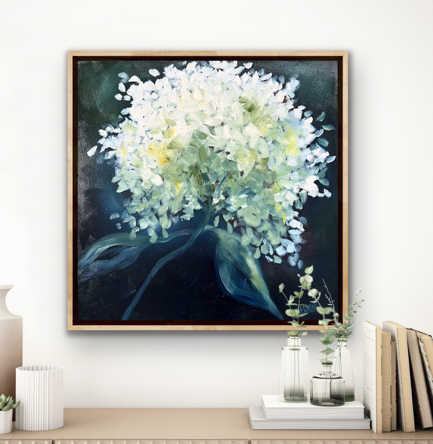 Sunlit Hydrangea 43x43cm FRAMED SOLD