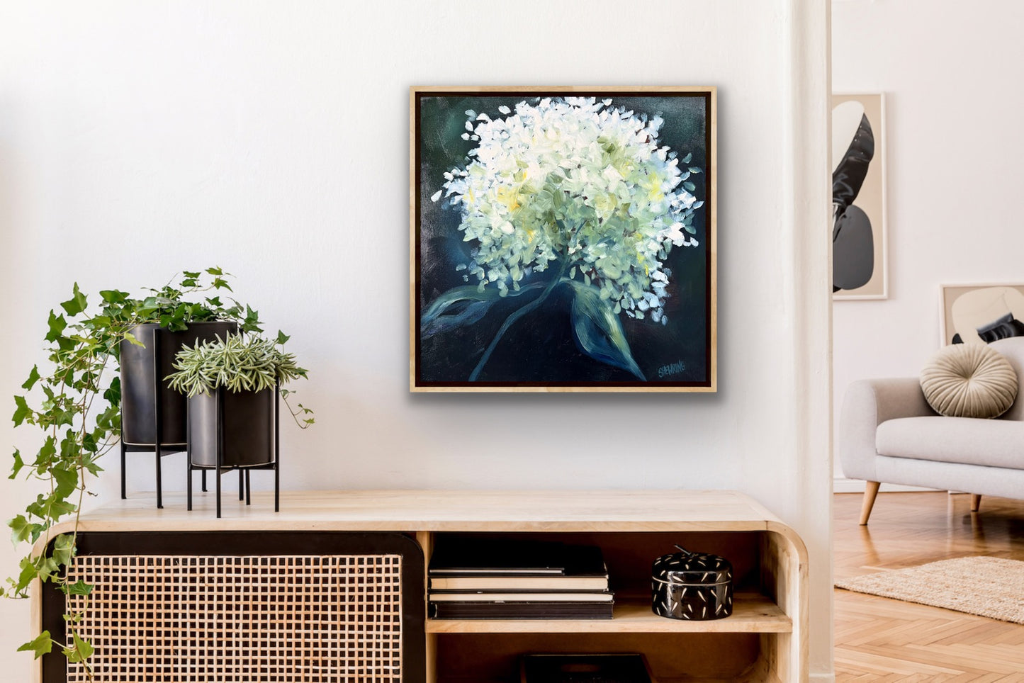 Sunlit Hydrangea 43x43cm FRAMED SOLD