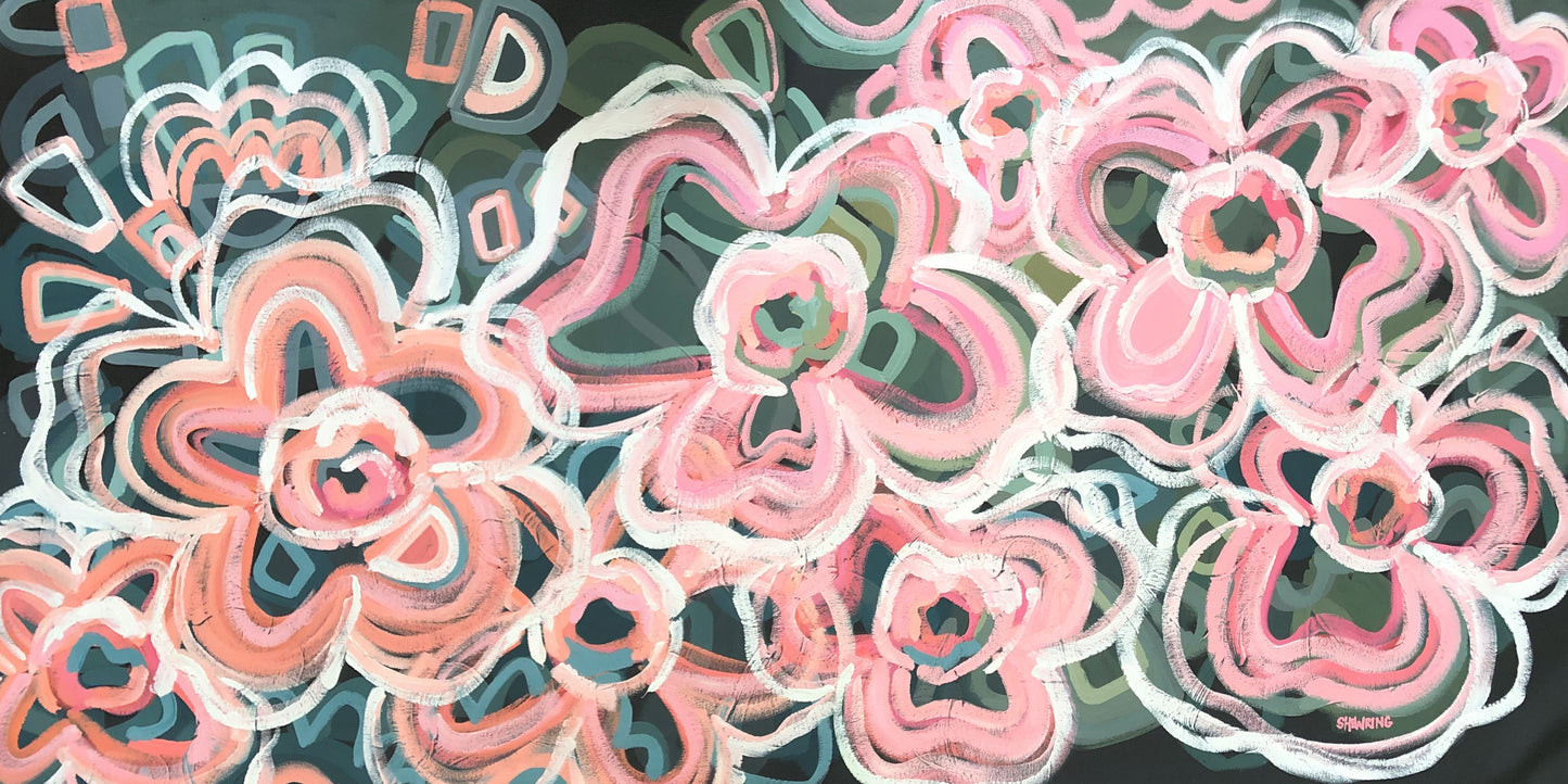 Pink Bliss 205x102cm FRAMED in natural timber float style frame.