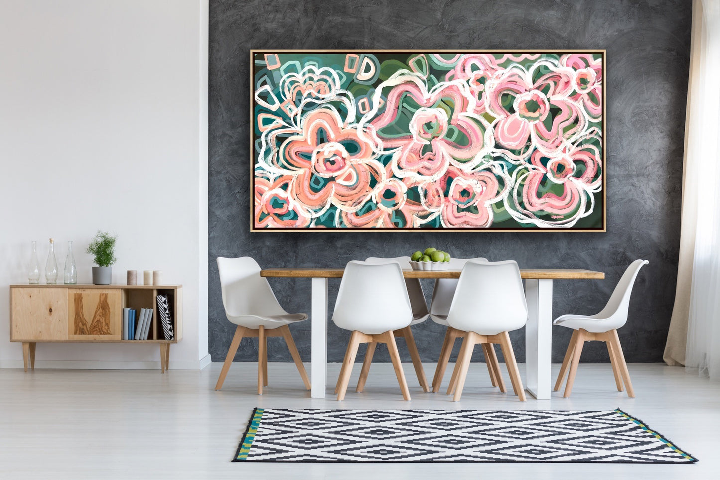 Pink Bliss 205x102cm FRAMED in natural timber float style frame.