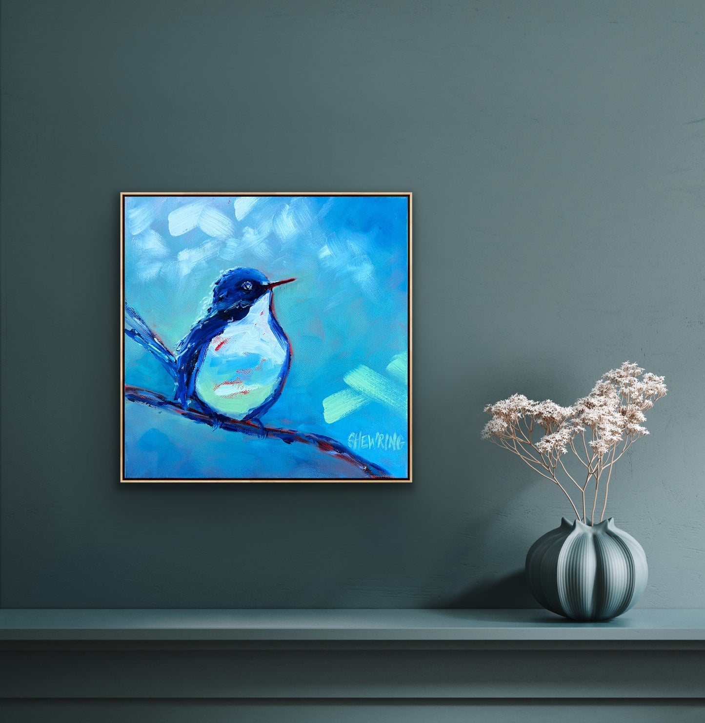 Blue Bird Sings - 28 x 28 cm FRAMED