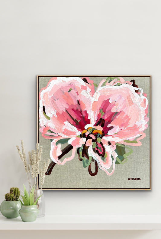 Pink On Linen 53x53cm FRAMED