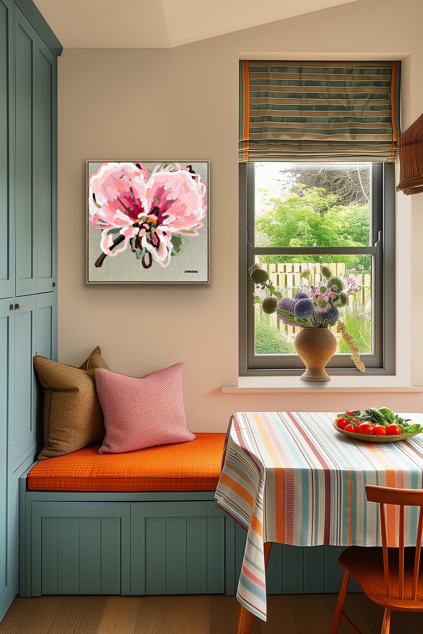 Pink On Linen 53x53cm FRAMED