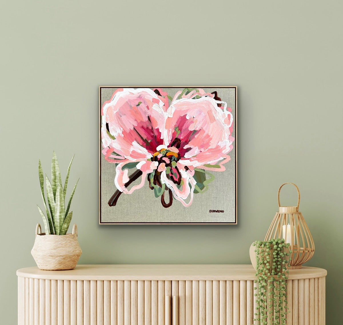 Pink On Linen 53x53cm FRAMED