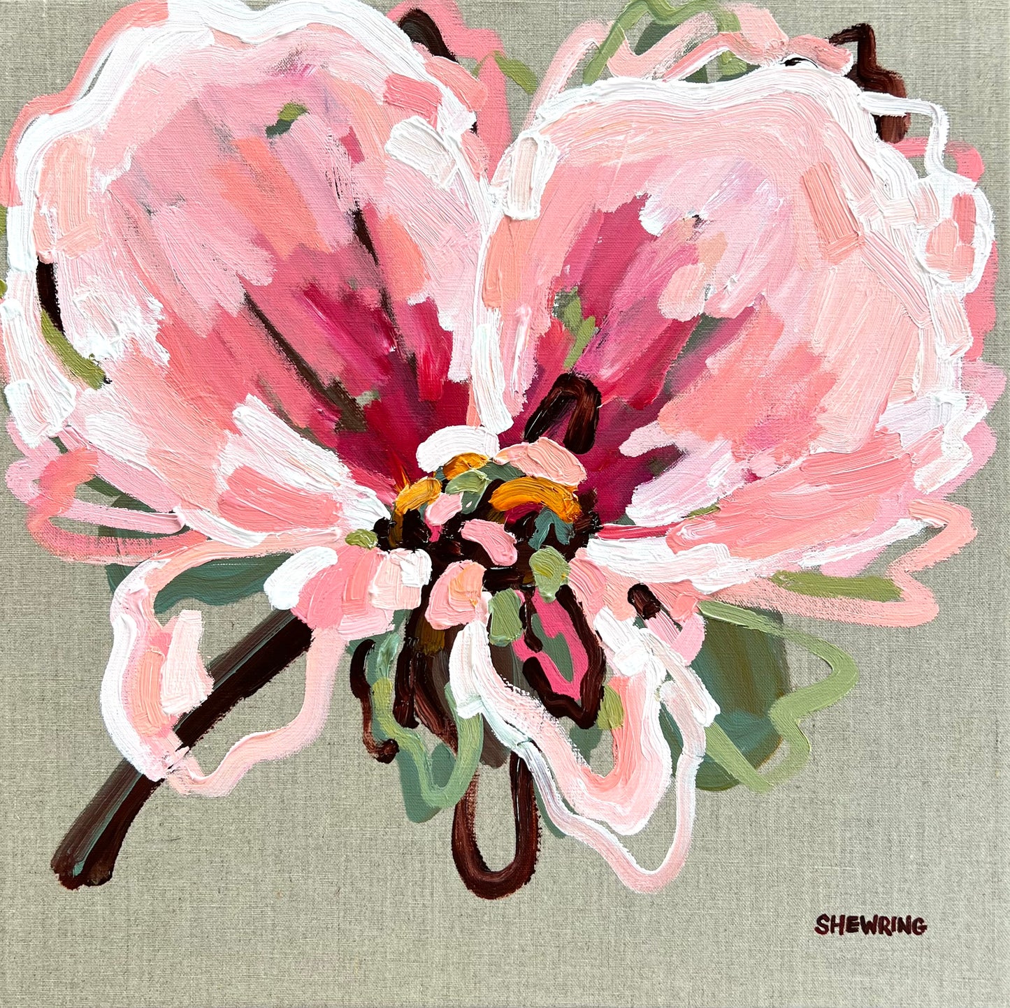 Pink On Linen 53x53cm FRAMED