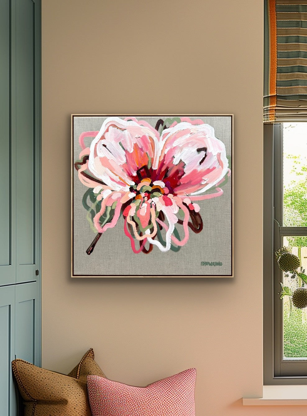 Watermelon Pink In Bloom 53x53cm FRAMED