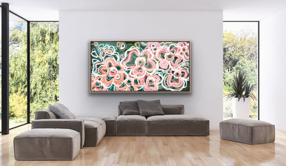 Pink Bliss 205x102cm FRAMED in natural timber float style frame.