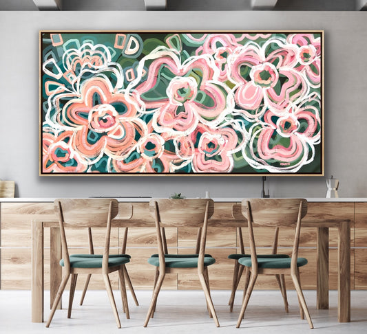 Pink Bliss 205x102cm FRAMED in natural timber float style frame.